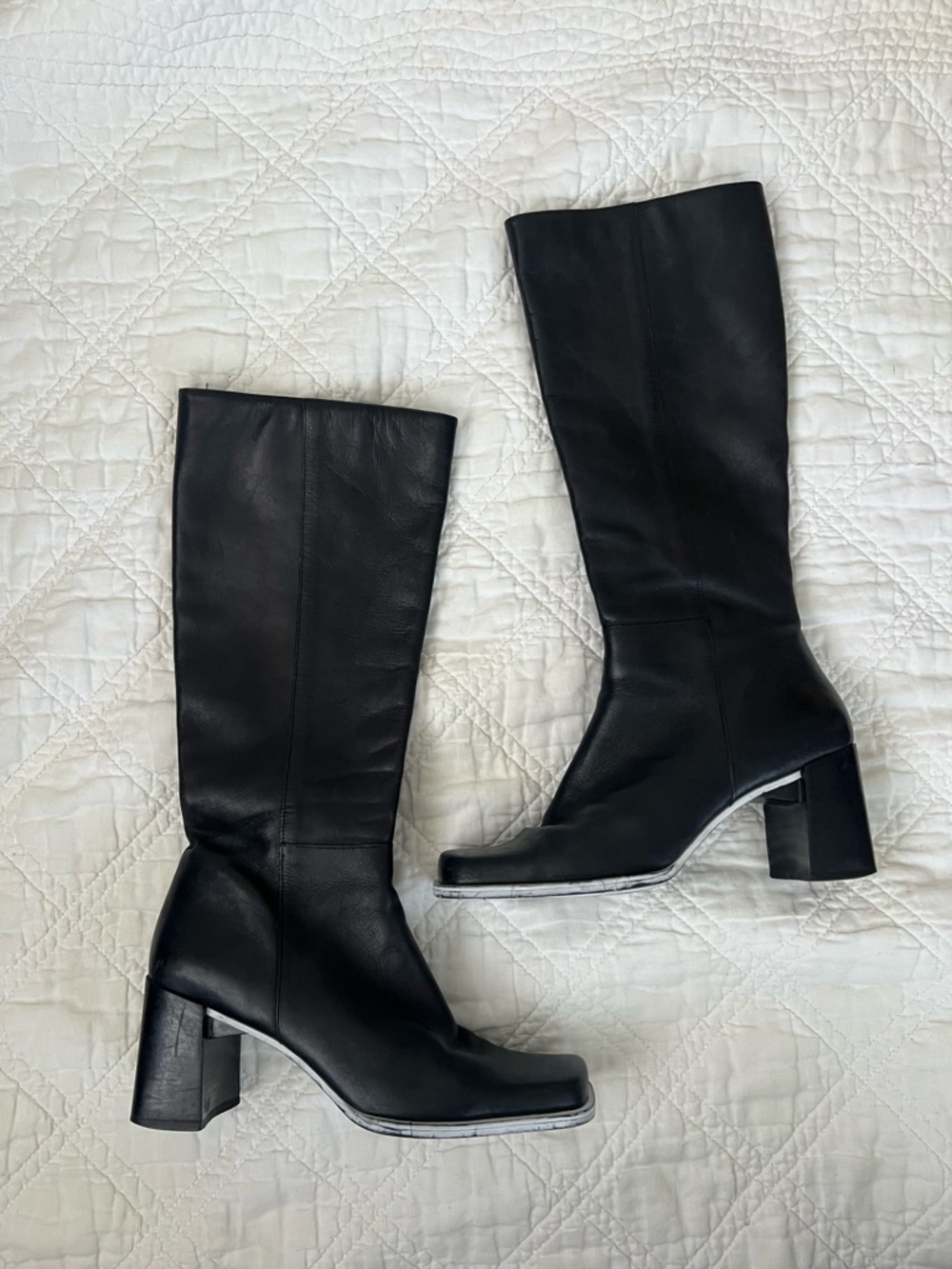 Vintage Nine West Tall Heeled Black Leather Square-ToeBoots